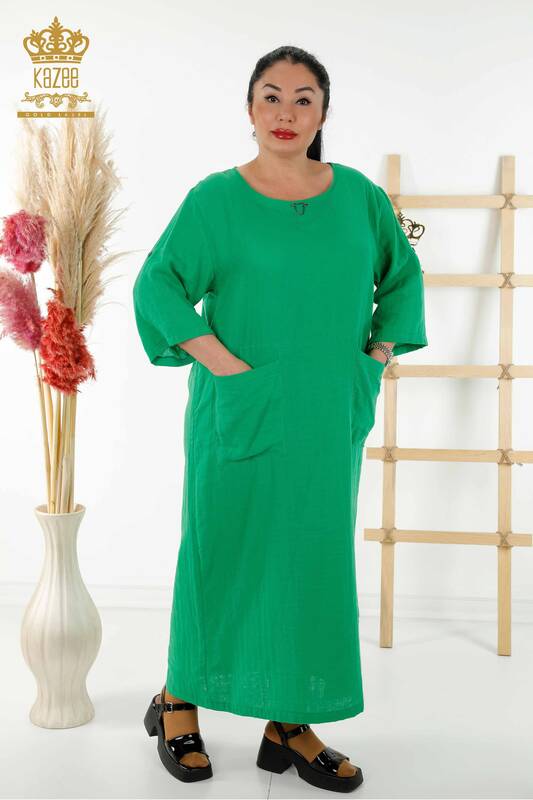 Rochie cu ridicata pentru femei cu doua buzunare verde - 20404 | KAZEE