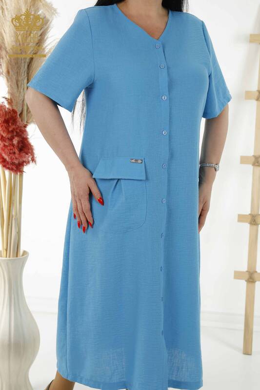 Rochie cu ridicata pentru femei cu buton detaliat albastru - 20383 | KAZEE