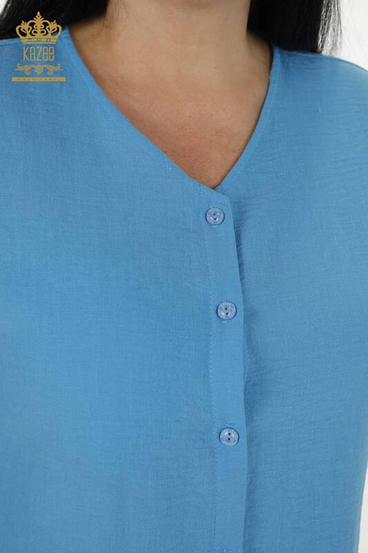 Rochie cu ridicata pentru femei cu buton detaliat albastru - 20383 | KAZEE