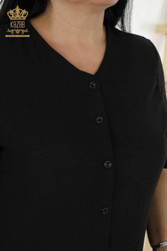 Rochie cu ridicata pentru femei cu buton detaliat negru - 20383 | KAZEE