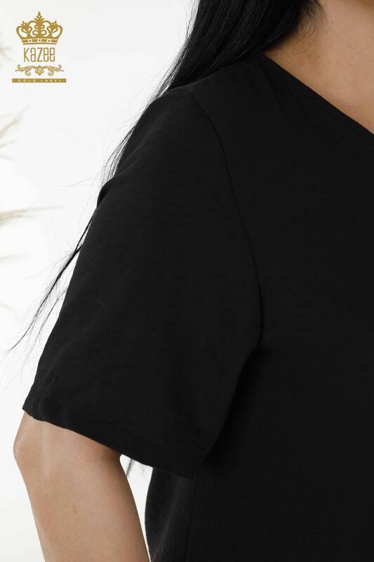 Rochie cu ridicata pentru femei cu buton detaliat negru - 20383 | KAZEE