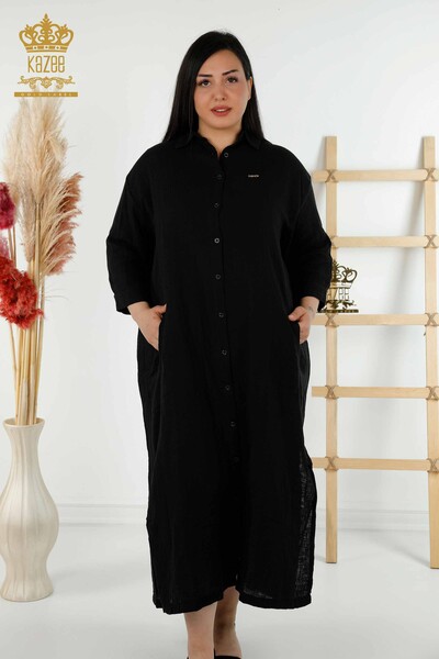Rochie cu ridicata pentru femei cu butoane detaliate negru - 20405 | KAZEE - Thumbnail