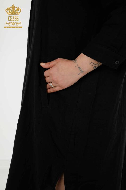 Rochie cu ridicata pentru femei cu butoane detaliate negru - 20405 | KAZEE