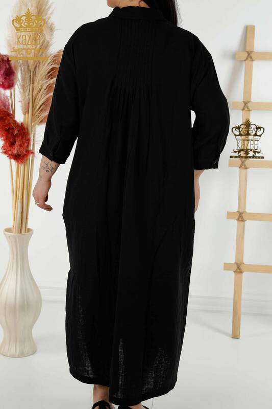 Rochie cu ridicata pentru femei cu butoane detaliate negru - 20405 | KAZEE