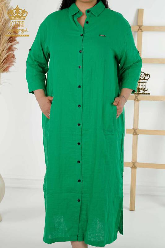 Rochie cu ridicata pentru femei cu buton detaliat verde - 20405 | KAZEE