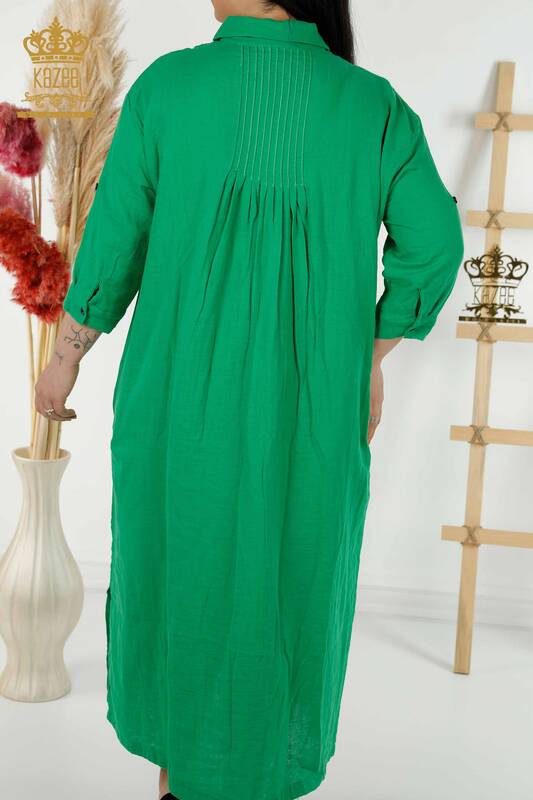Rochie cu ridicata pentru femei cu buton detaliat verde - 20405 | KAZEE