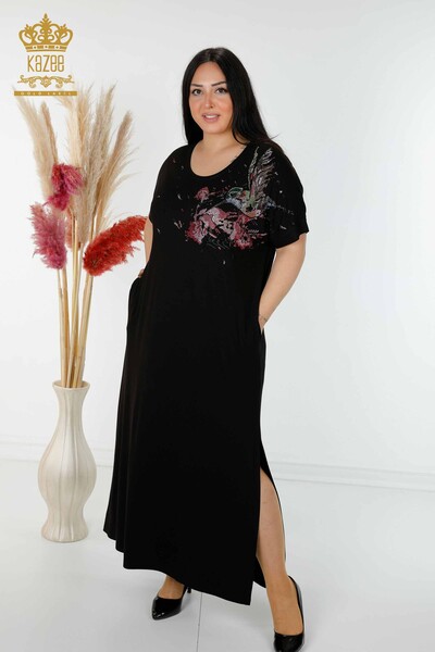 Rochie en-gros de damă neagră cu model de păsări - 7735 | KAZEE - Thumbnail