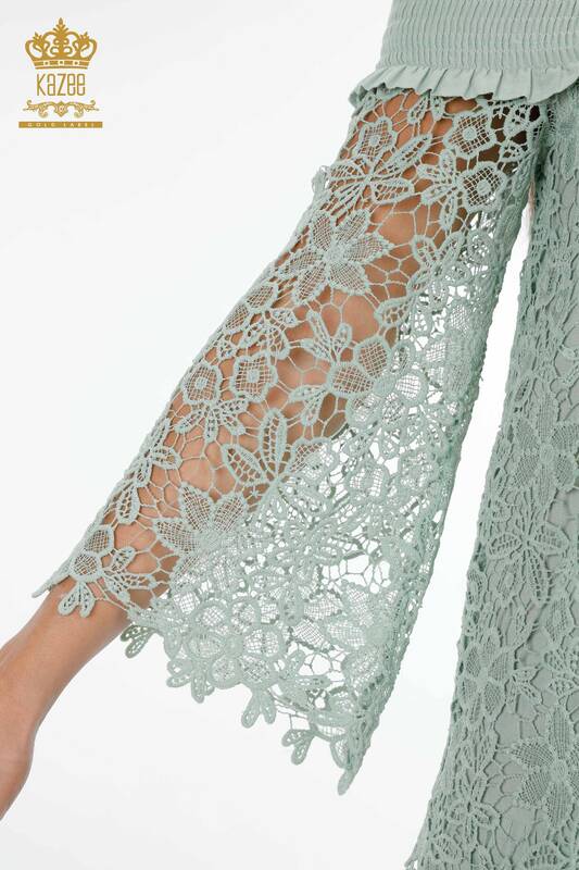 Rochie de damă cu ridicata din tul mentă detaliată - 17175 | KAZEE