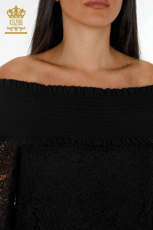 Rochie en-gros de damă neagră cu detaliu din tul - 17175 | KAZEE