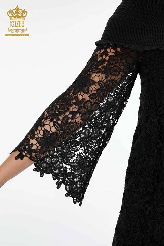 Rochie en-gros de damă neagră cu detaliu din tul - 17175 | KAZEE