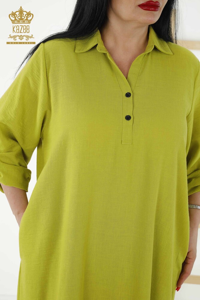 Rochie de damă cu ridicata cu jumătate de nasture detaliată verde - 20385 | KAZEE - 3