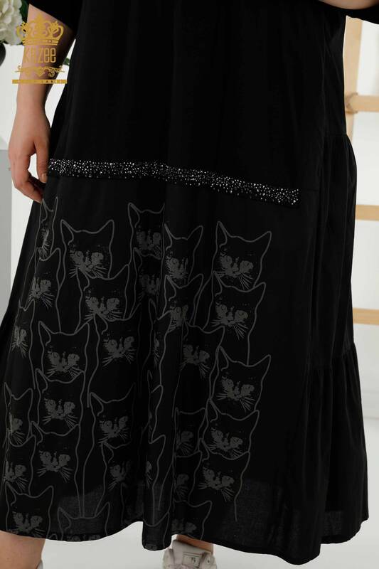 Rochie cu ridicata pentru femei cu model pisica cu gluga neagra - 20330 | KAZEE