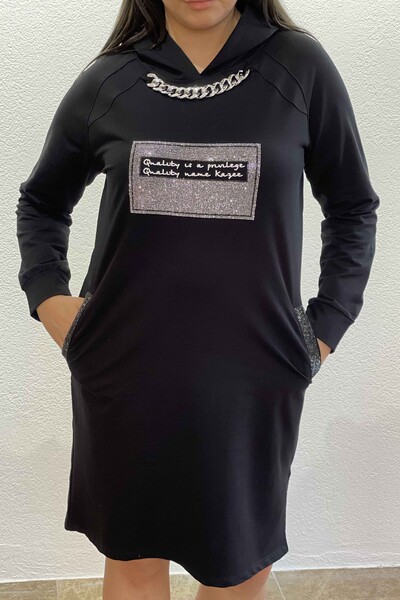 En-gros rochie de tricotaje pentru femei cu detaliu text, cu glugă și buzunar - 17320 | KAZEE - Thumbnail