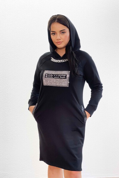 En-gros rochie de tricotaje pentru femei cu detaliu text, cu glugă și buzunar - 17320 | KAZEE - Thumbnail