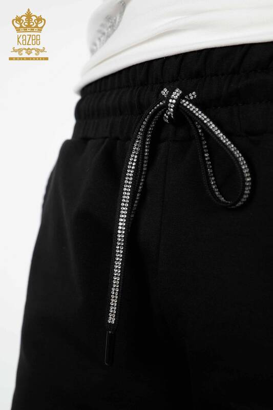 Set de trening pentru femei cu ridicata cu pantaloni scurti cu maneca scurta Ecru Negru - 17401 | KAZEE