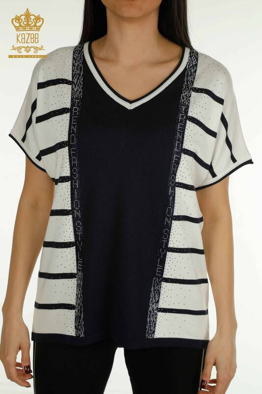 Tricotaj cu ridicata pentru femei Pulover - Cu dungi - Bleumarin - 30699 | KAZEE