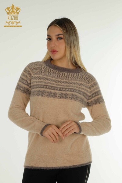 Pulover de tricotaj pentru damă cu ridicata - Angora - Cu model - Bej - 30681 | KAZEE - Thumbnail