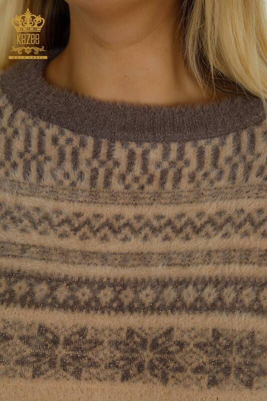 Pulover de tricotaj pentru damă cu ridicata - Angora - Cu model - Bej - 30681 | KAZEE