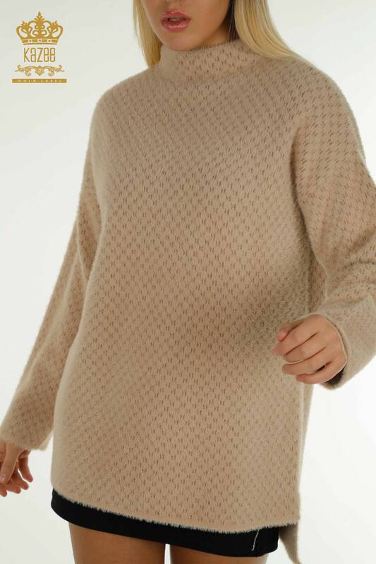 Pulover de tricotaj de damă cu ridicata - Angora - Detaliat - Bej - 30446 | KAZEE