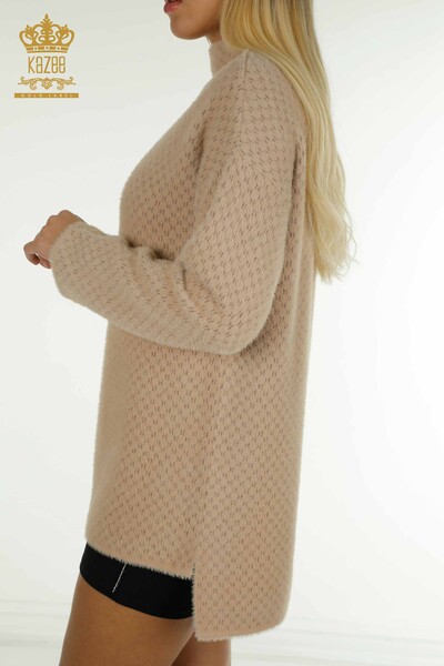 Pulover de tricotaj de damă cu ridicata - Angora - Detaliat - Bej - 30446 | KAZEE - Thumbnail