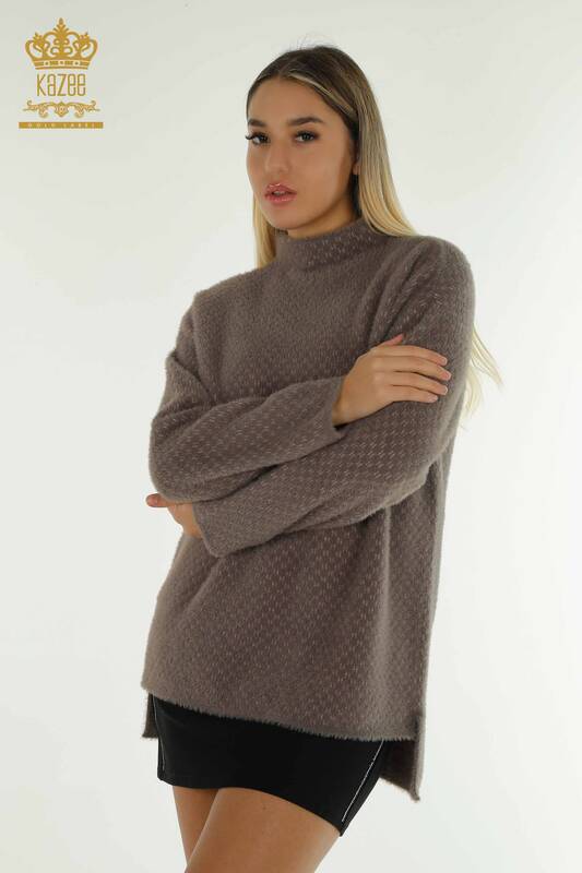 Pulover de tricotaj pentru damă cu ridicata - Angora - Detaliat - Kaki - 30446 | KAZEE
