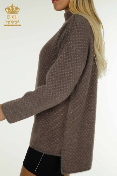 Pulover de tricotaj pentru damă cu ridicata - Angora - Detaliat - Kaki - 30446 | KAZEE - Thumbnail