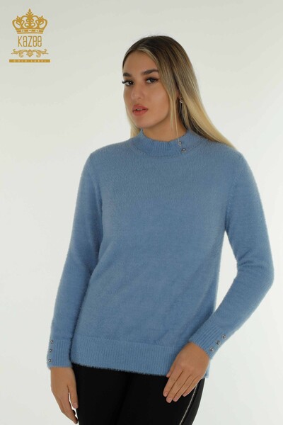 Pulover de tricotaj pentru femei - Angora - Detaliat nasturi - Albastru - 30667 | KAZEE - Thumbnail