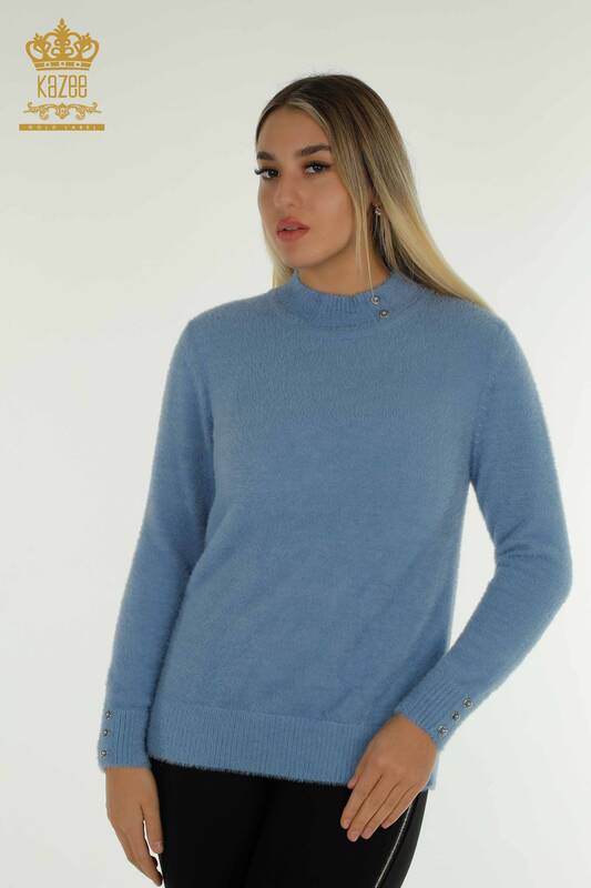 Pulover de tricotaj pentru femei - Angora - Detaliat nasturi - Albastru - 30667 | KAZEE