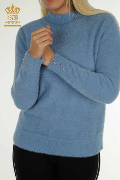 Pulover de tricotaj pentru femei - Angora - Detaliat nasturi - Albastru - 30667 | KAZEE - Thumbnail