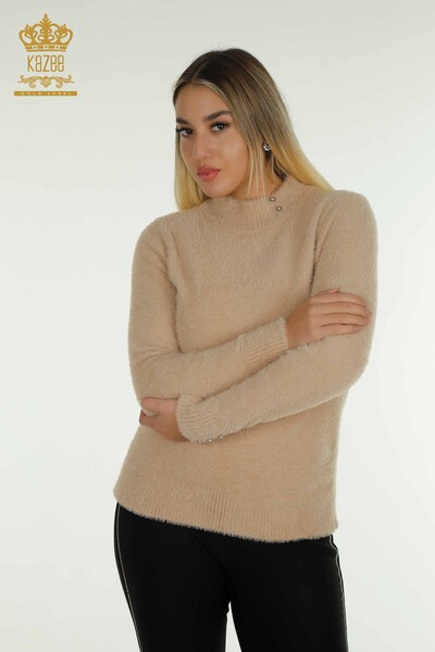 Pulover de tricotaj de damă cu ridicata - Angora - Detaliat cu nasturi - Bej - 30667 | KAZEE - Thumbnail