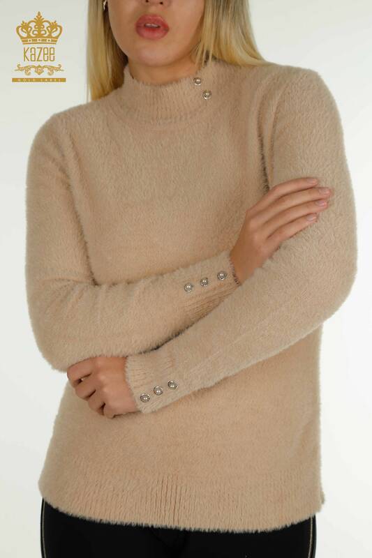 Pulover de tricotaj de damă cu ridicata - Angora - Detaliat cu nasturi - Bej - 30667 | KAZEE