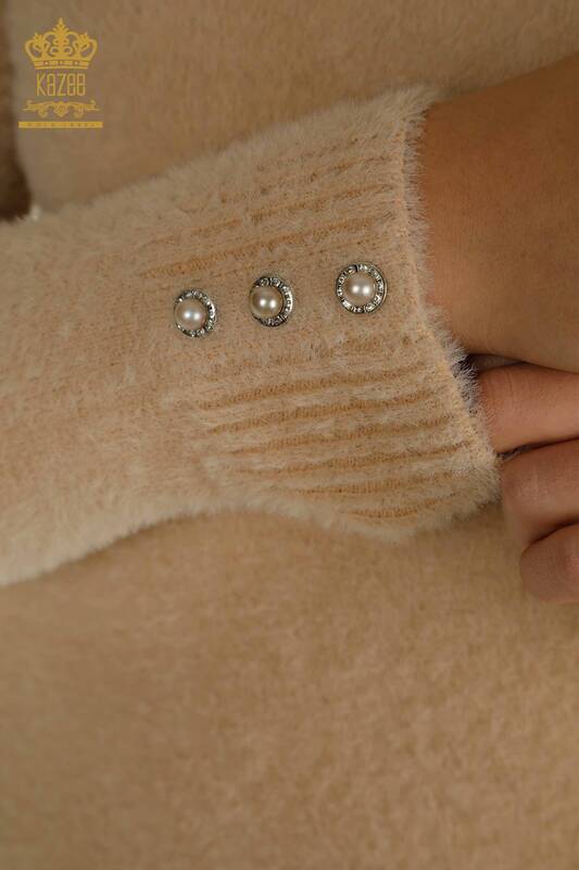 Pulover de tricotaj de damă cu ridicata - Angora - Detaliat cu nasturi - Bej - 30667 | KAZEE