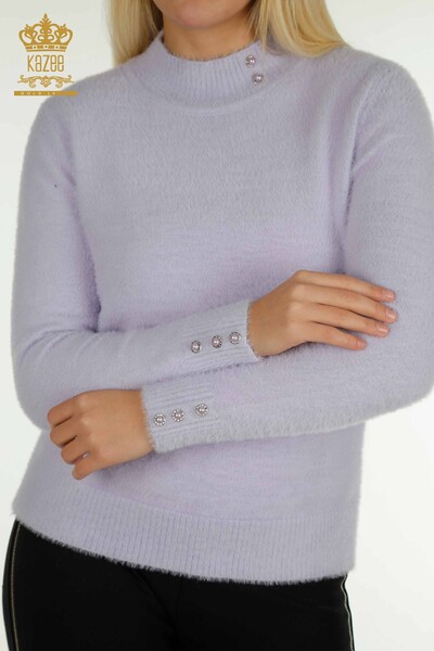 Pulover de tricotaj de damă cu ridicata - Angora - Detaliat cu nasturi - Liliac - 30667 | KAZEE - Thumbnail