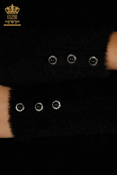 Pulover de tricotaj pentru femei - Angora - Detaliat nasturi - Negru - 30667 | KAZEE - Thumbnail