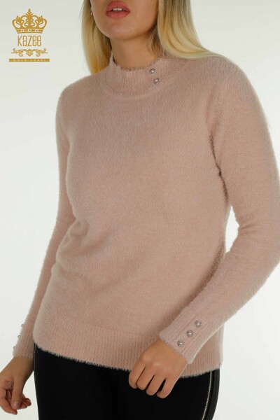Pulover de tricotaj pentru femei cu ridicata - Angora - Detaliat nasturi - Roz - 30667 | KAZEE - Thumbnail