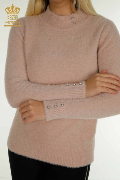 Pulover de tricotaj pentru femei cu ridicata - Angora - Detaliat nasturi - Roz - 30667 | KAZEE - Thumbnail