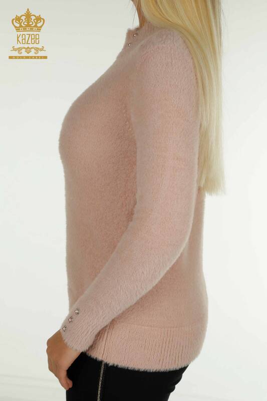 Pulover de tricotaj pentru femei cu ridicata - Angora - Detaliat nasturi - Roz - 30667 | KAZEE