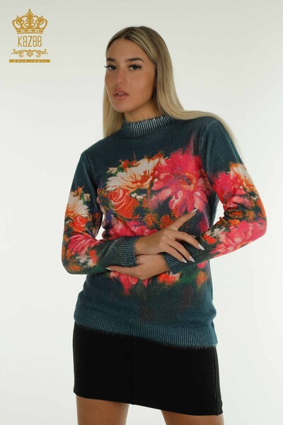 Pulover de tricotaje de damă cu ridicata - Angora - Brodat cu piatră - Digital - 40044 | KAZEE - Thumbnail