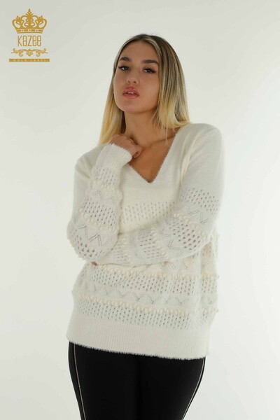 Pulover de tricotaj pentru damă cu ridicata - Angora - Decolteu în V - Ecru - 30697 | KAZEE - Thumbnail