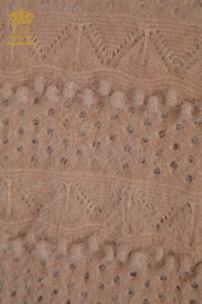 Pulover de tricotaj pentru femei - Angora - Decolteu in V - Pudra - 30697 | KAZEE - Thumbnail