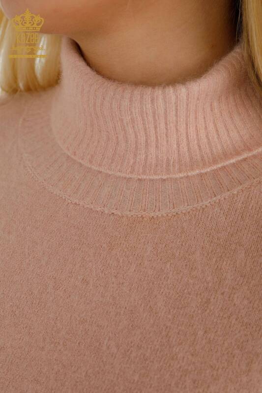 Pulover de tricotaj de damă cu ridicata - Angora - Turtleneck - Cu Logo - Pudra - 12046 | KAZEE