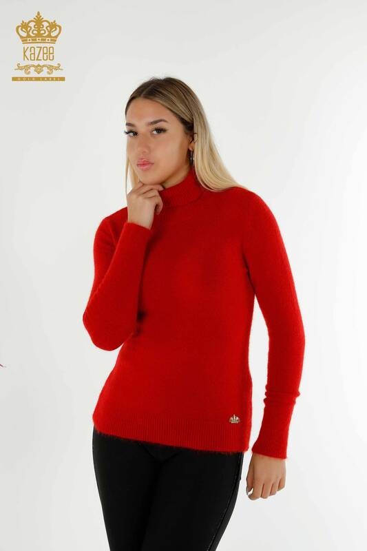 Pulover de tricotaj pentru damă cu ridicata - Angora - Gât cu logo - Roșu - 12046 | KAZEE