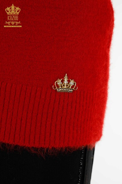 Pulover de tricotaj pentru damă cu ridicata - Angora - Gât cu logo - Roșu - 12046 | KAZEE - Thumbnail