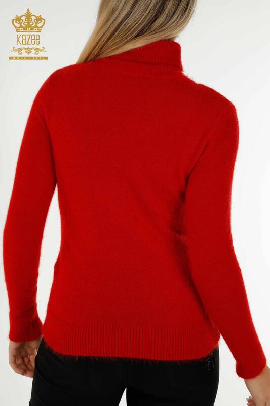 Pulover de tricotaj pentru damă cu ridicata - Angora - Gât cu logo - Roșu - 12046 | KAZEE