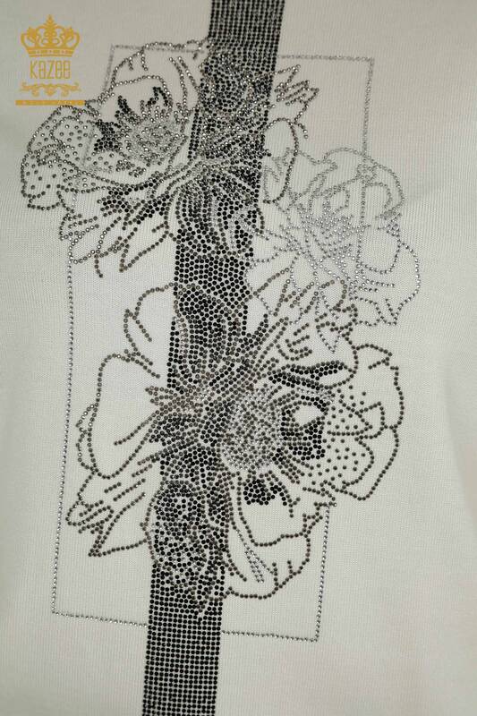 Pulover de tricotaje de damă cu ridicata - Broderie florală - Ecru - 30614 | KAZEE
