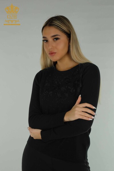 Pulover de tricotaj pentru femei - cu broderie florală - negru - 16849 | KAZEE - Thumbnail
