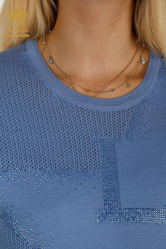Pulover de tricotaje pentru femei cu ridicata - Cu piatra Brodat- Albastru - 30501 | KAZEE