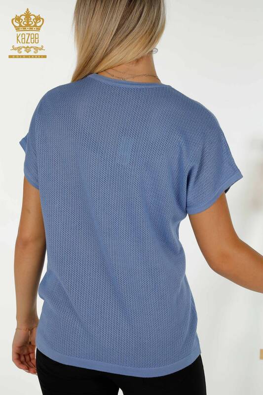 Pulover de tricotaje pentru femei cu ridicata - Cu piatra Brodat- Albastru - 30501 | KAZEE