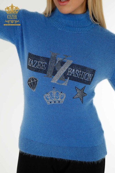Pulover de tricotaje de damă cu ridicata - Brodat cu piatră - Angora - Albastru - 18894 | KAZEE - Thumbnail