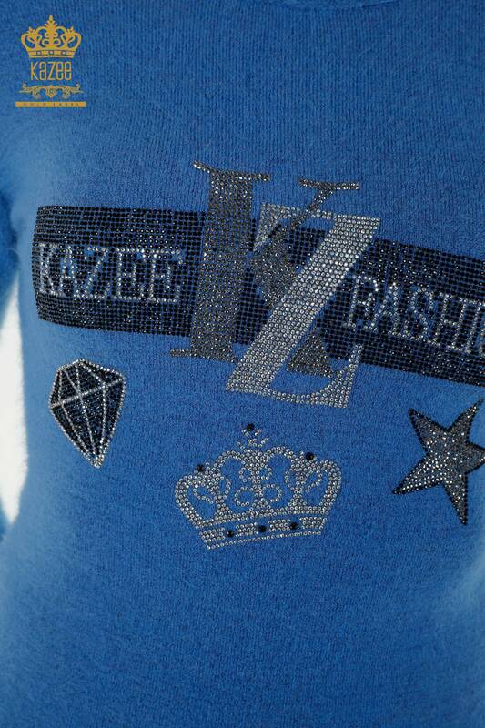 Pulover de tricotaje de damă cu ridicata - Brodat cu piatră - Angora - Albastru - 18894 | KAZEE